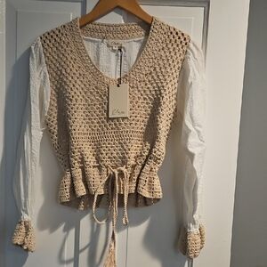 Elan Tan Blouse with Long Sleeves and Tie Front